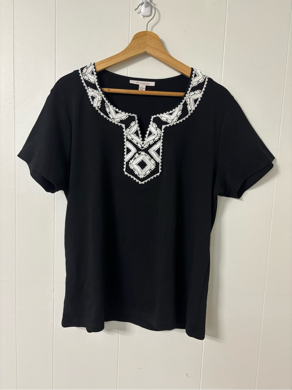 JM Collection Black Short Sleeve Top with White Embroidered Neckline